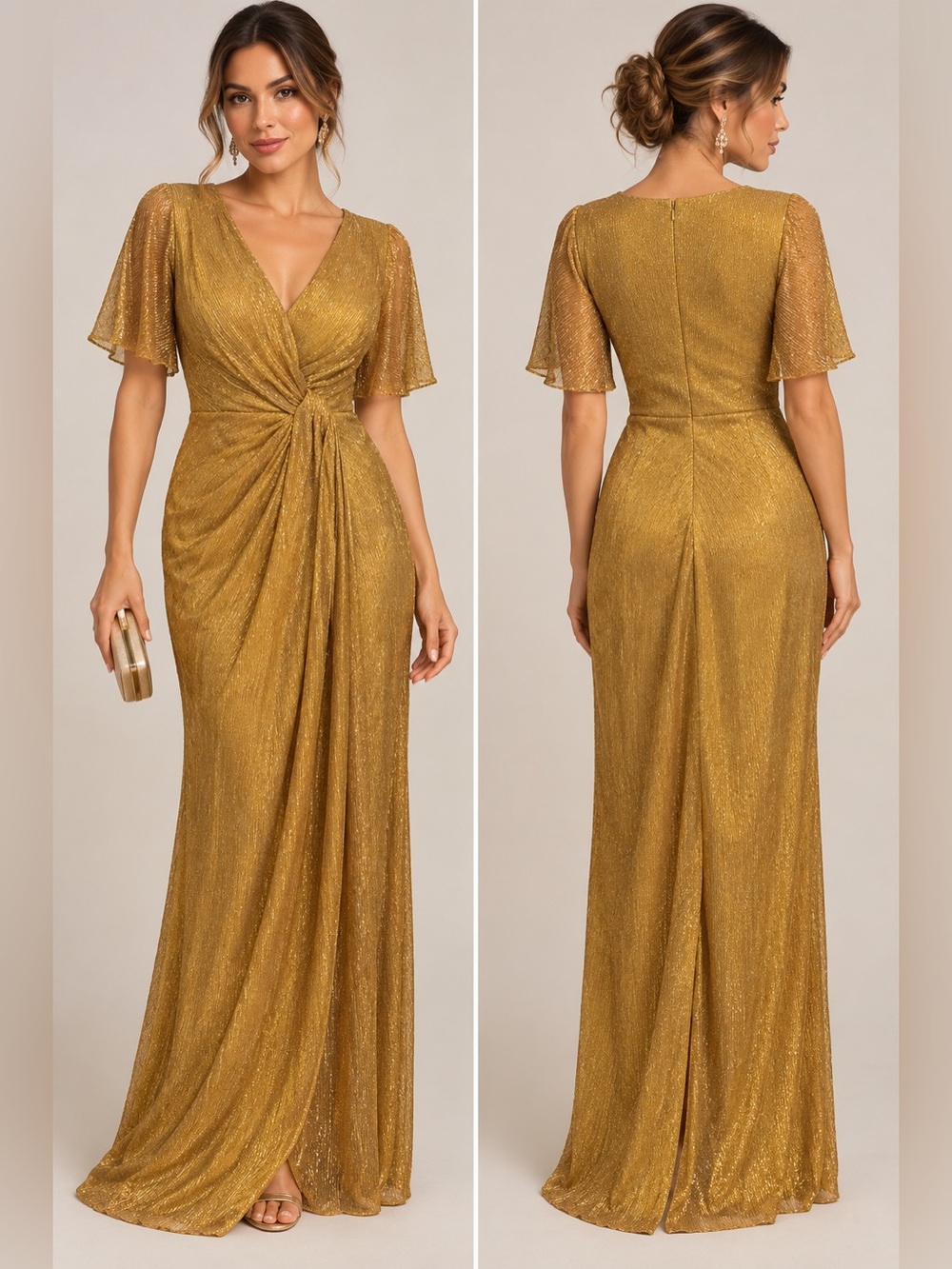 Gold Metallic Shimmer Draped Formal Maxi Dress Size 6